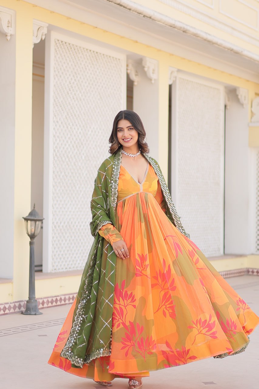 Savitri russian silk printed alia cut orange anarkali suit set