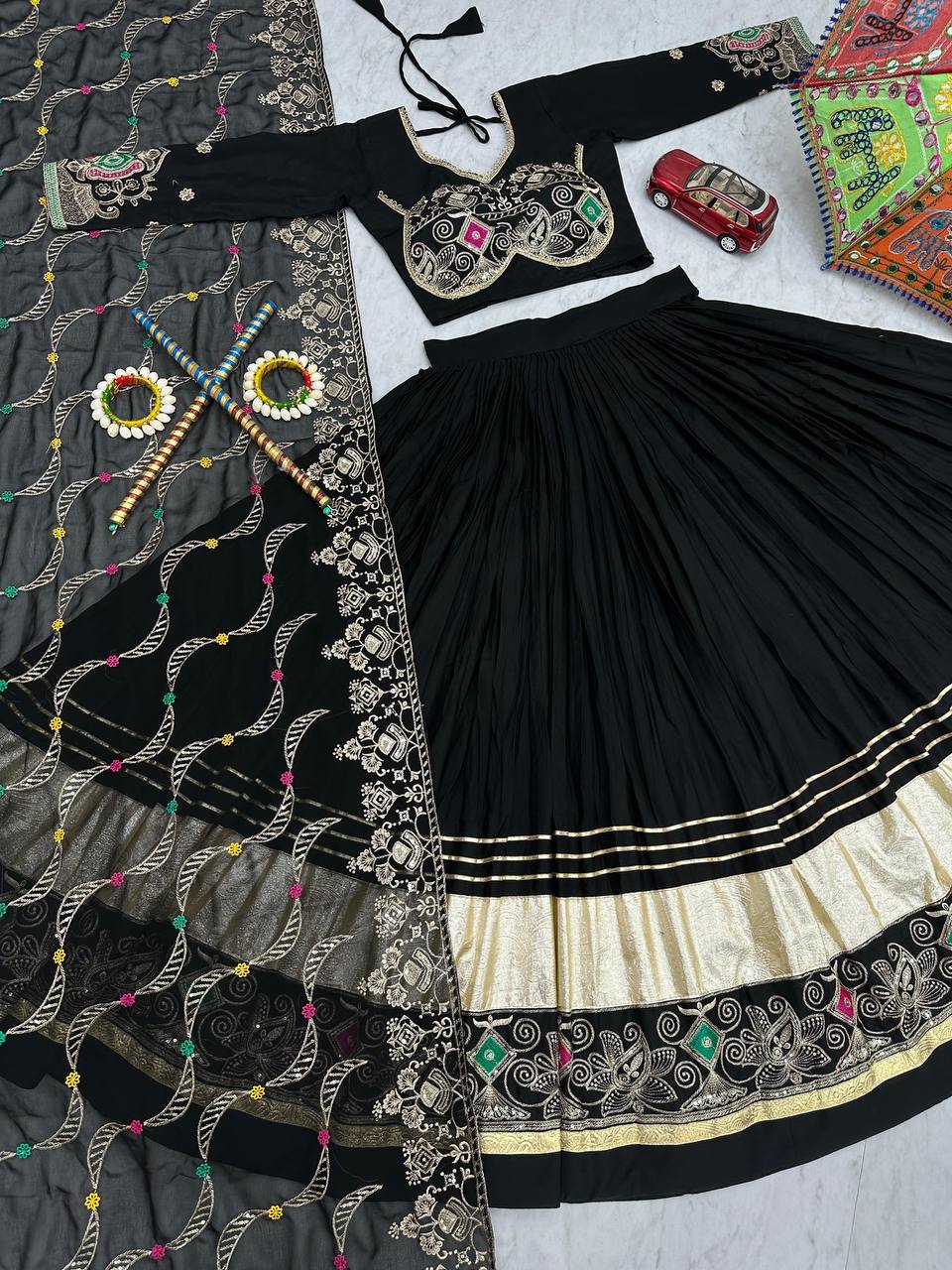 Black pure cotton embroidered sequins work lehenga choli
