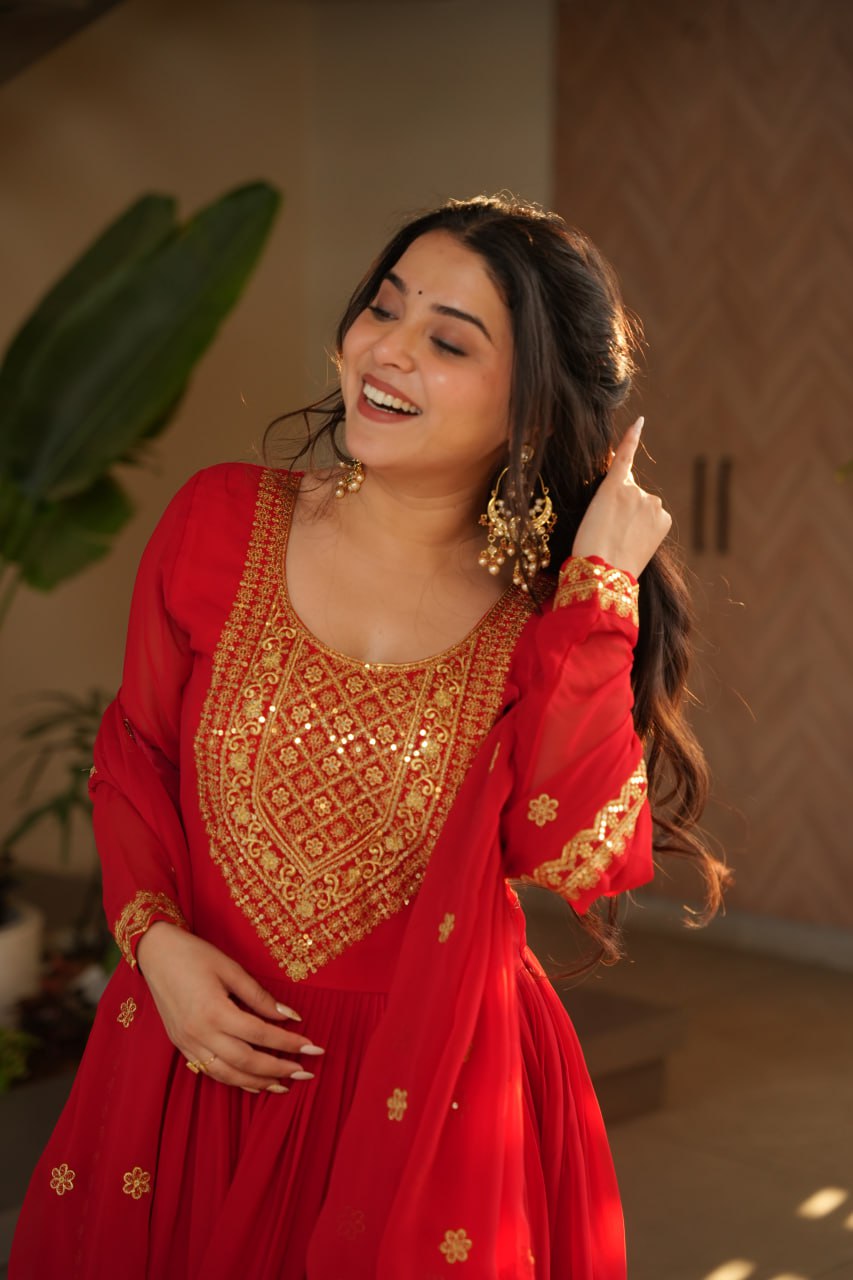 Red party wear gown with dupatta, Indian wedding dress, embroidered gown for women, full sleeve gown design—Trinaari stitched ethnic outfit.