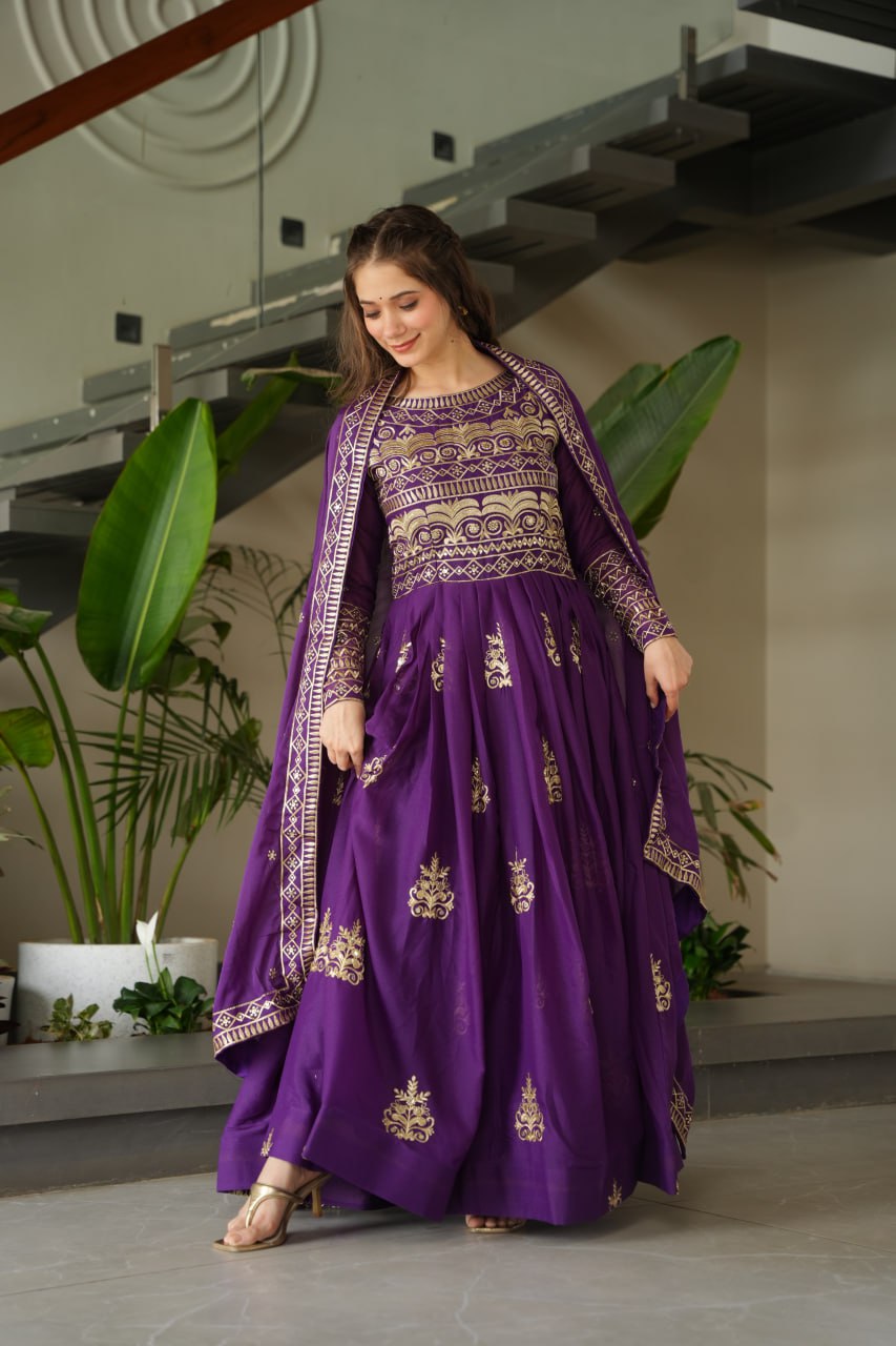 Purple Chinnon gown set with multi-colored sequins and beads embroidery, full sleeves, and matching embroidered dupatta – ideal for festive and wedding occasions