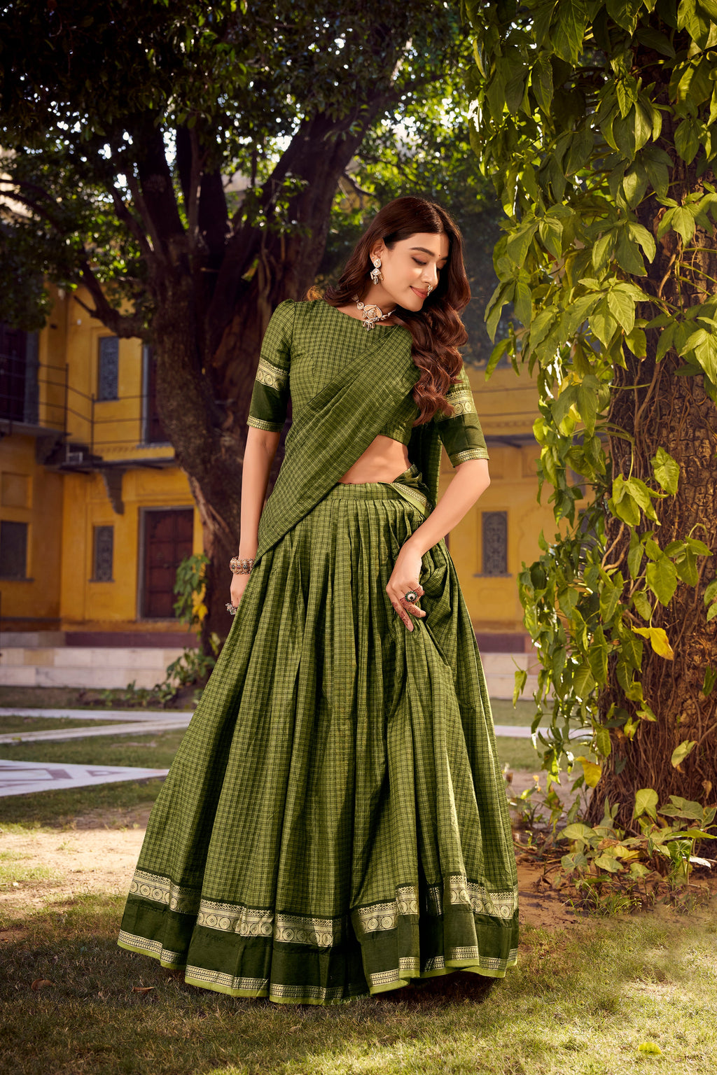 Rimi green Chettinad cotton chex half saree lehenga with zari weaving work