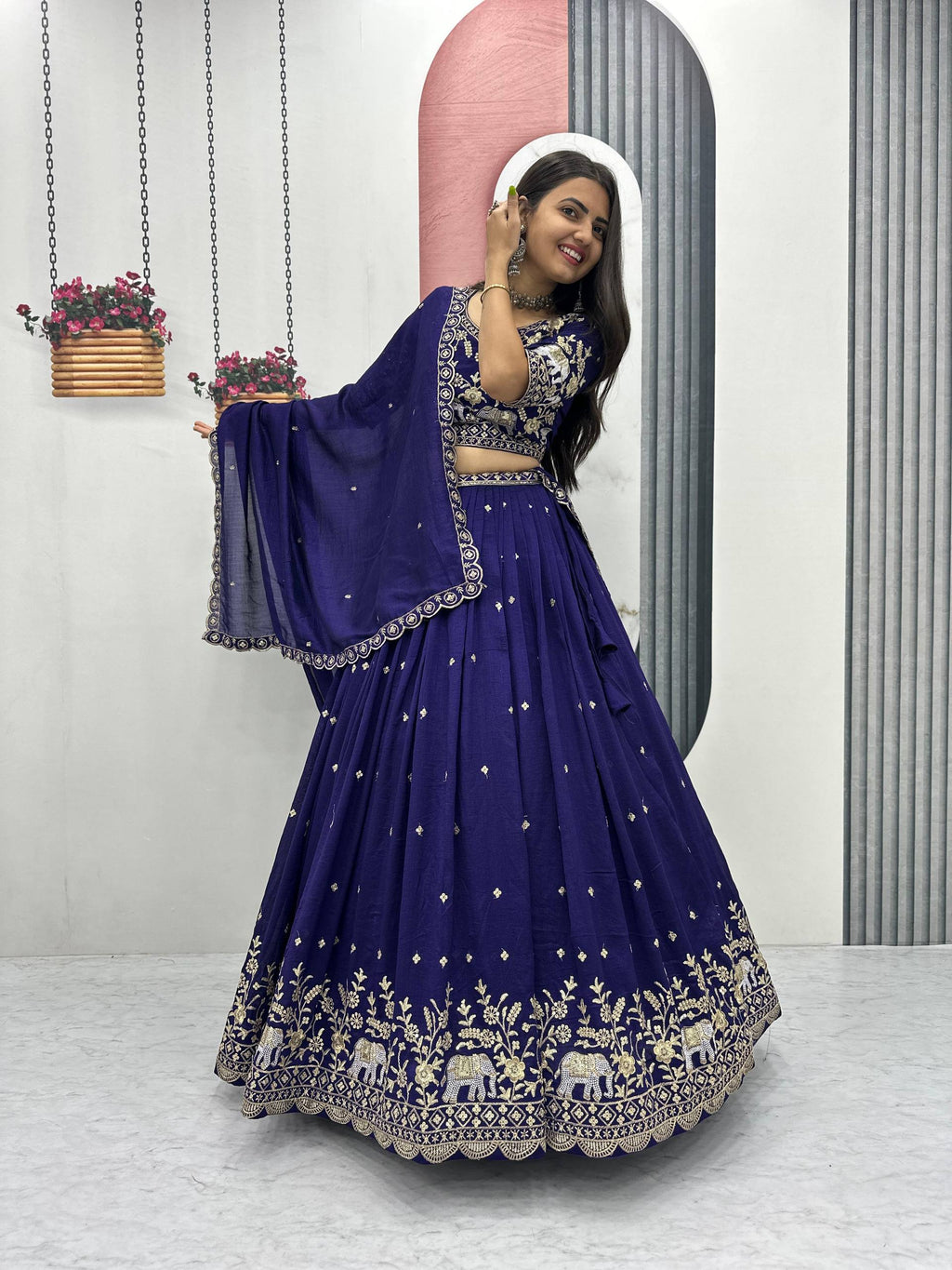 Gopi navy blue Vichitra silk lehenga choli with embroidery sequins thread work