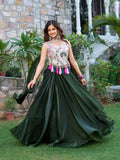 Tanu green tissue silk lehenga choli with sequins thread work and dupatta