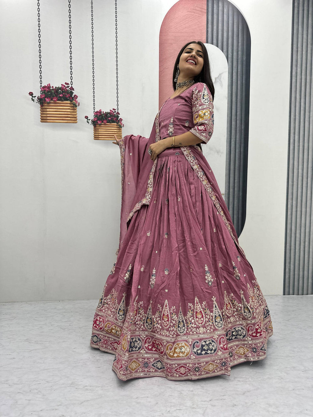 Raji mauve pink Vichitra silk lehenga choli with sequins thread embroidery and dupatta