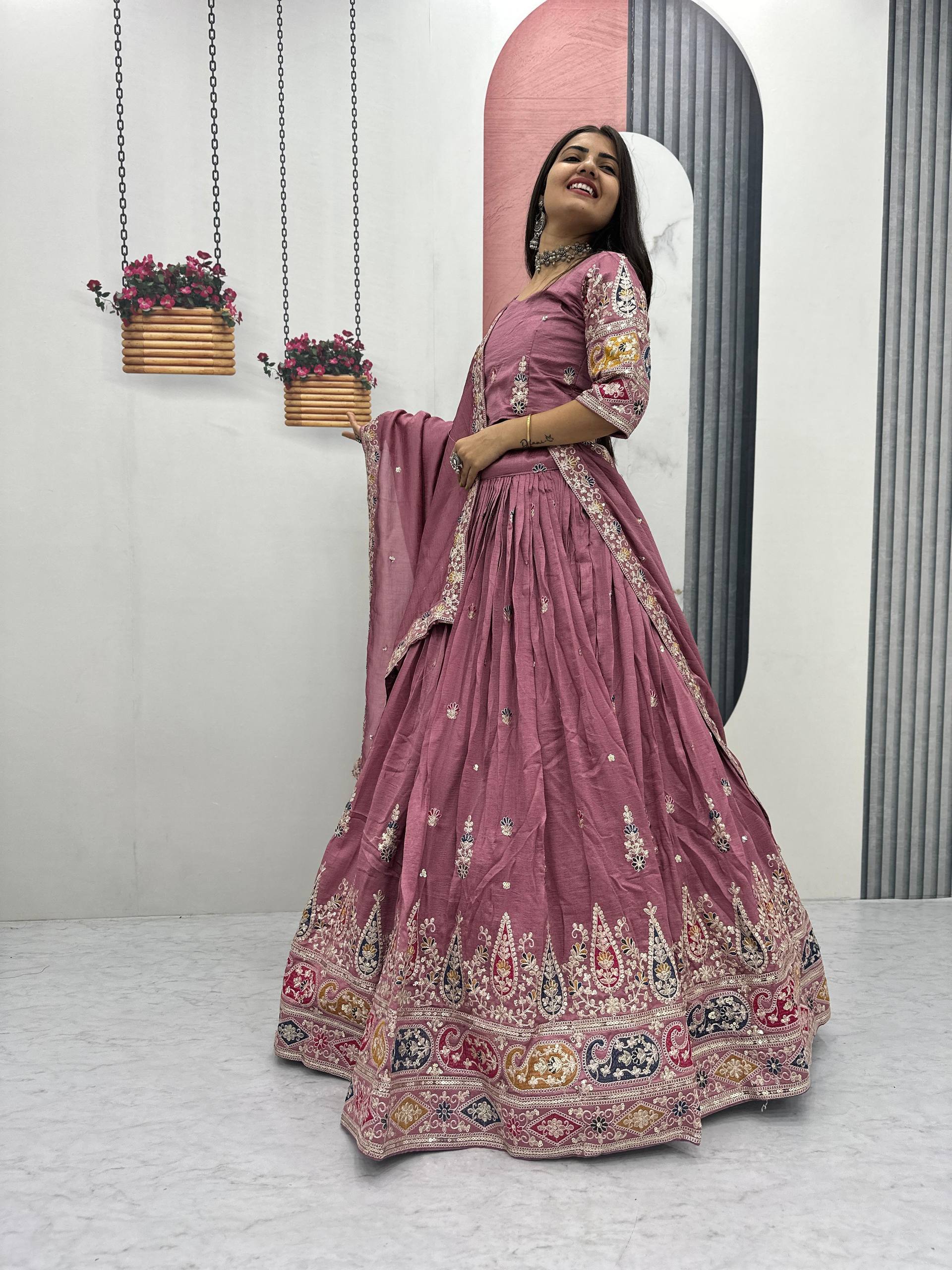 Raji mauve pink Vichitra silk lehenga choli with sequins thread embroidery and dupatta
