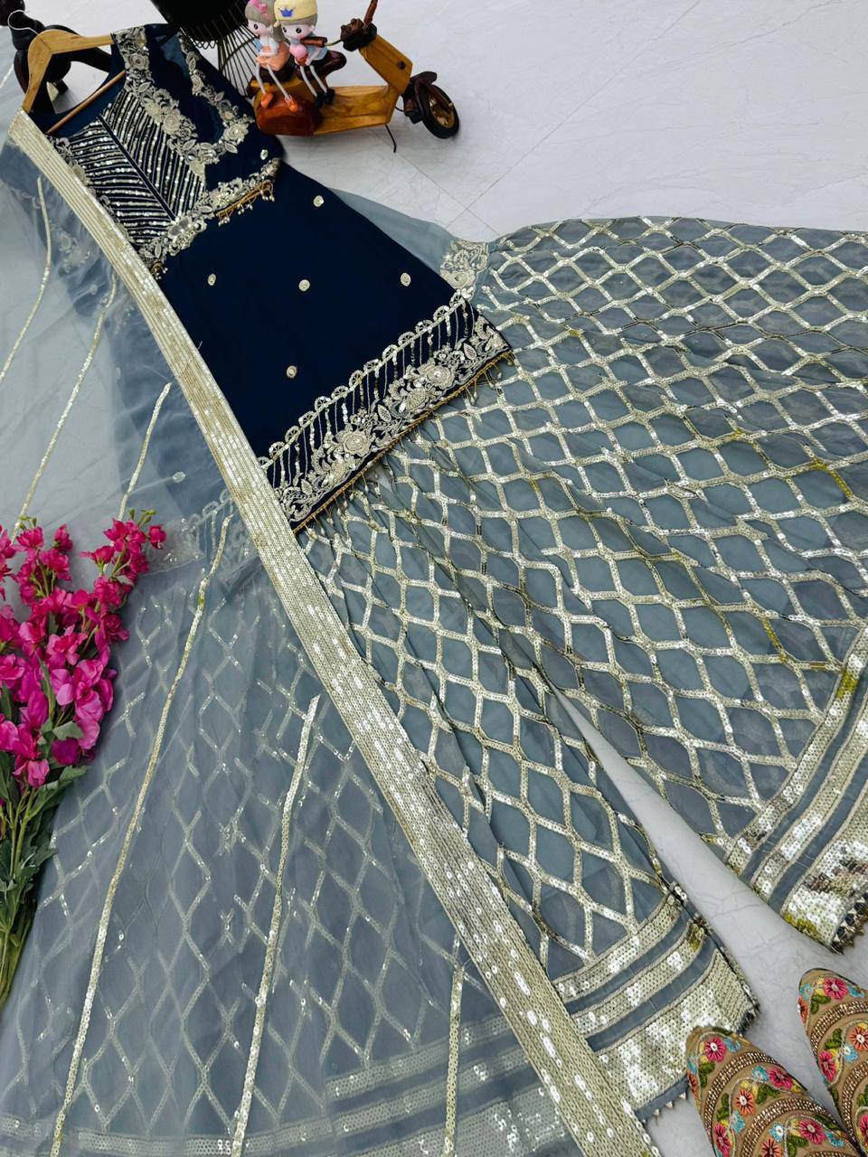 Blue fox georgette embroidered heavy sequence work kurti palazzo set