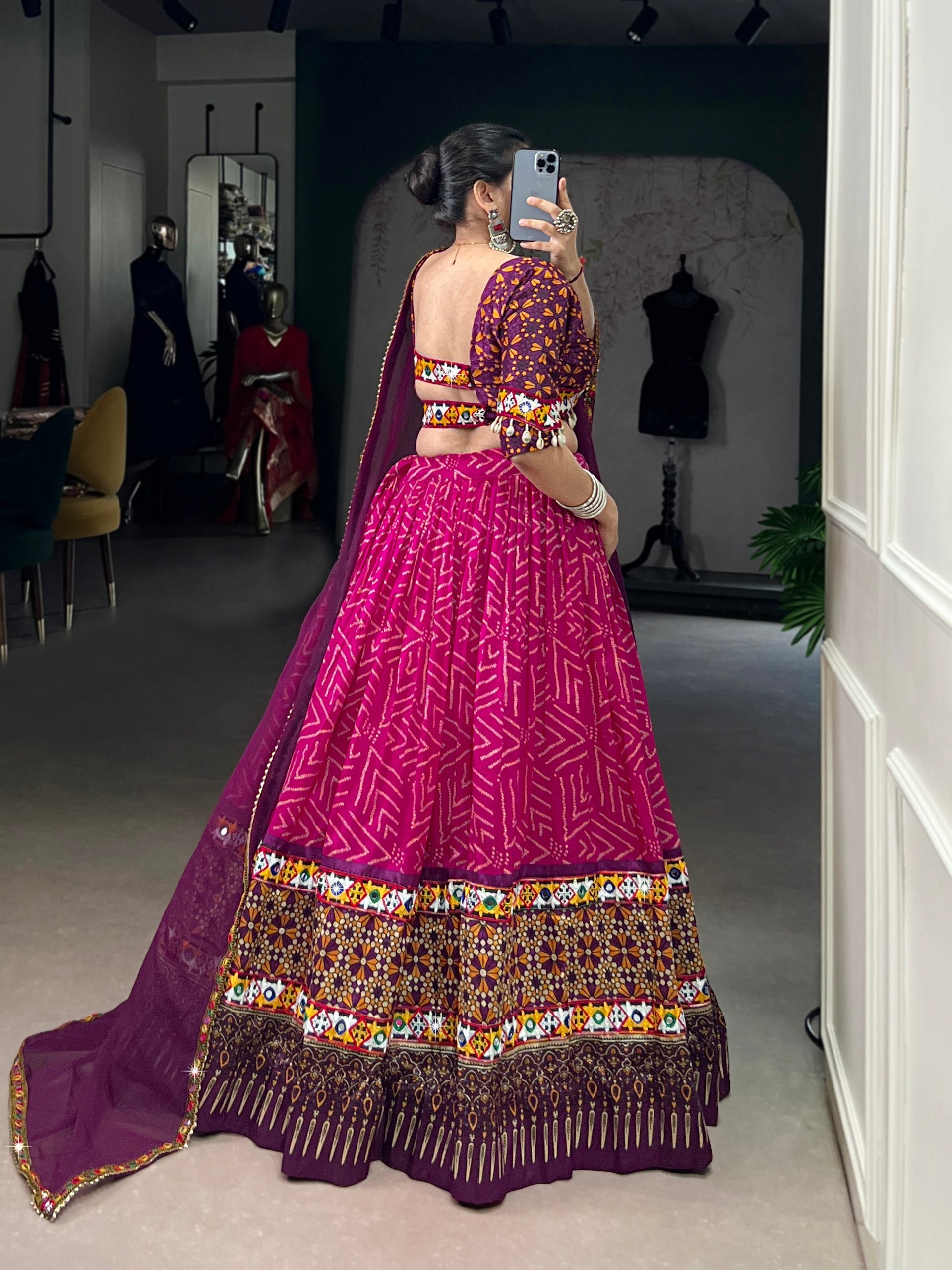 Pink Tasar silk foil print embossed lace work lehenga choli with dupatta