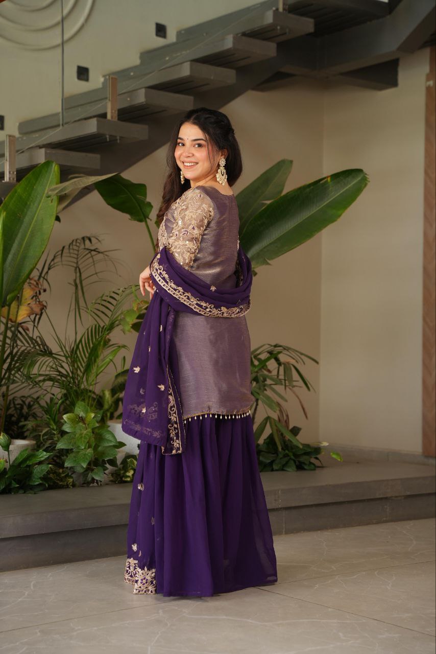 Purple crazy silk embroidered kurti palazzo set with dupatta