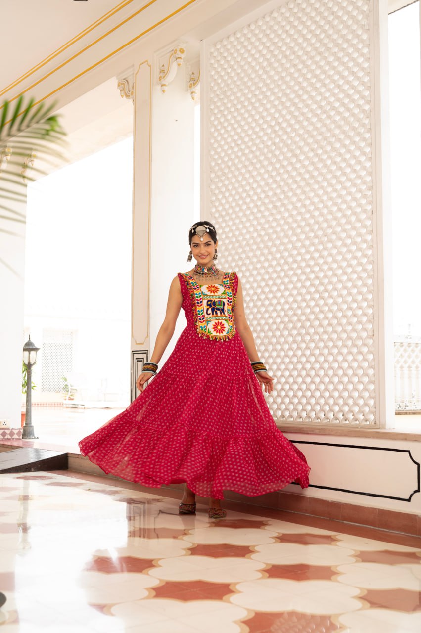 Pink faux georgette Bandhani print Kutchi patch mirror work gown