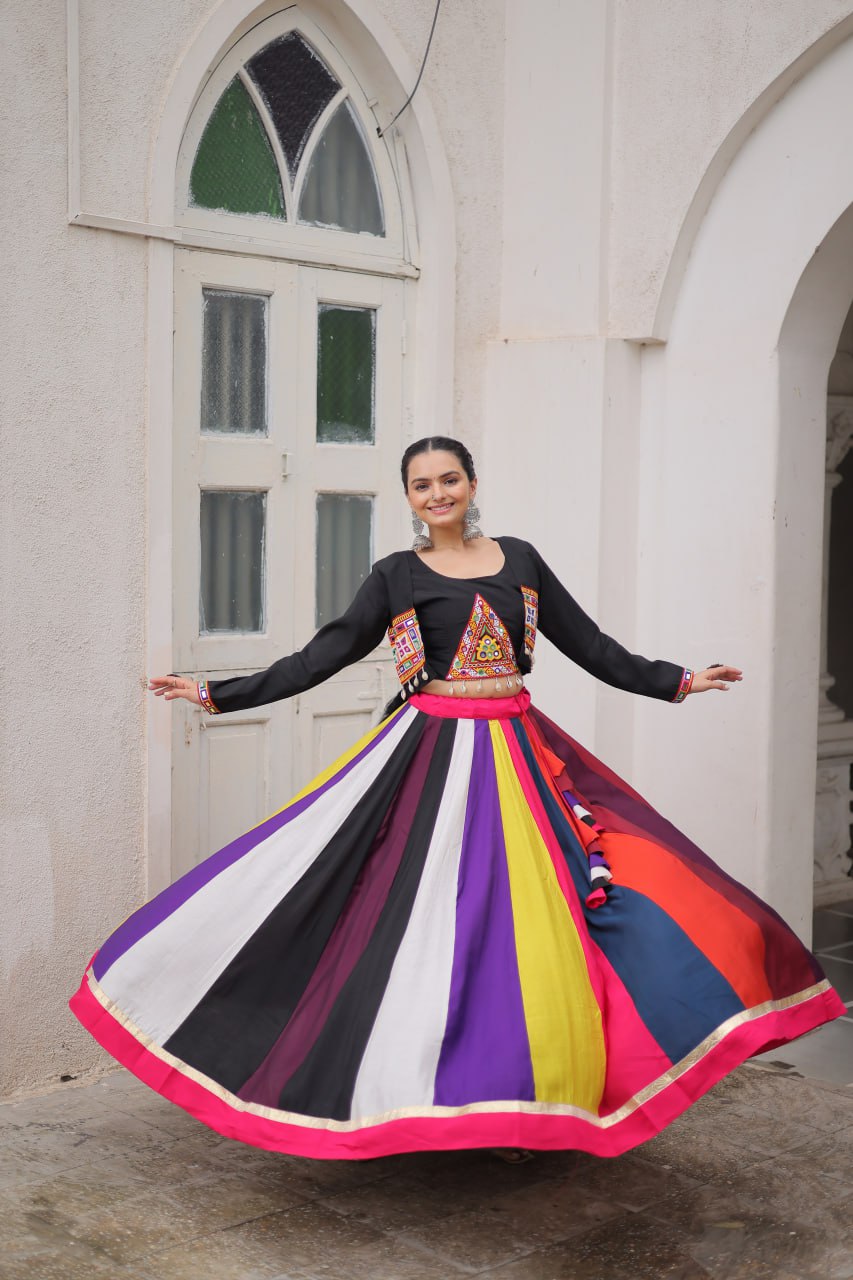 Multicolor pure rayon navratri lehenga choli with koti style blouse