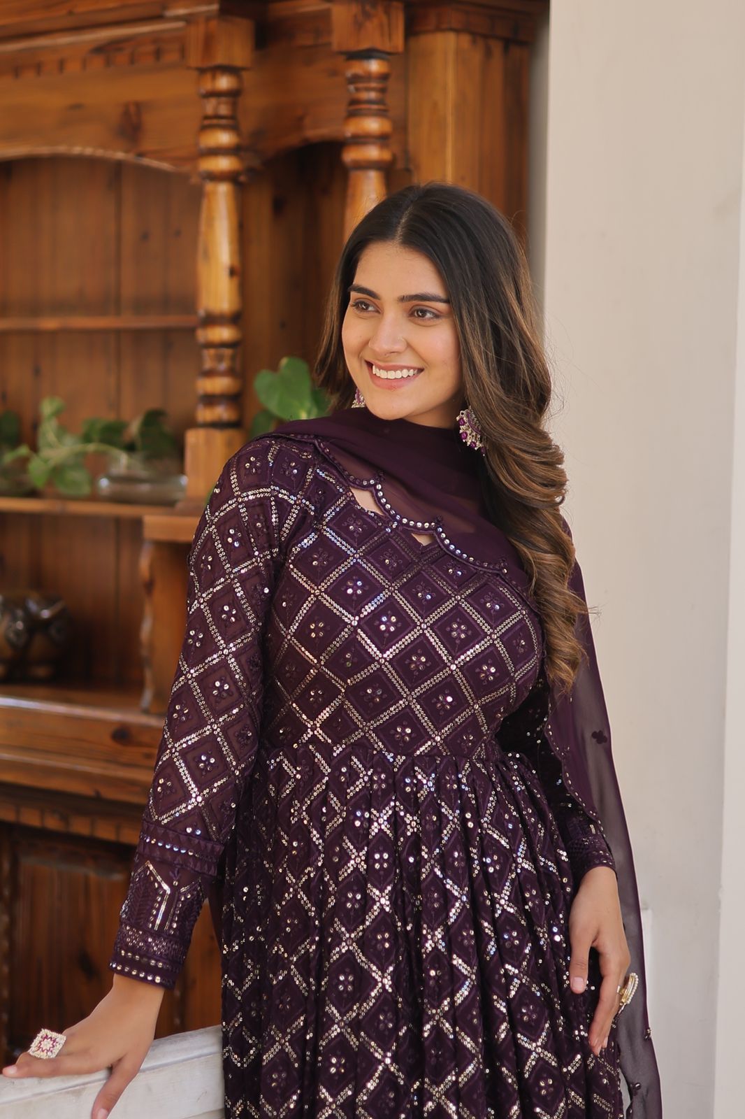 Royal purple blossom floral gown with dupatta