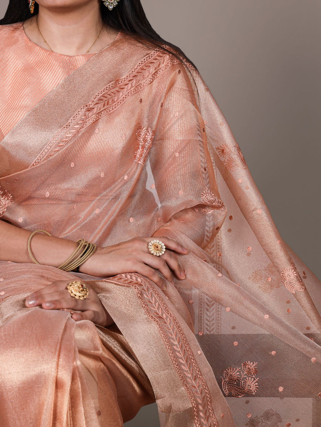 Orange poly shimmer thread embroidered saree with unstitched blouse