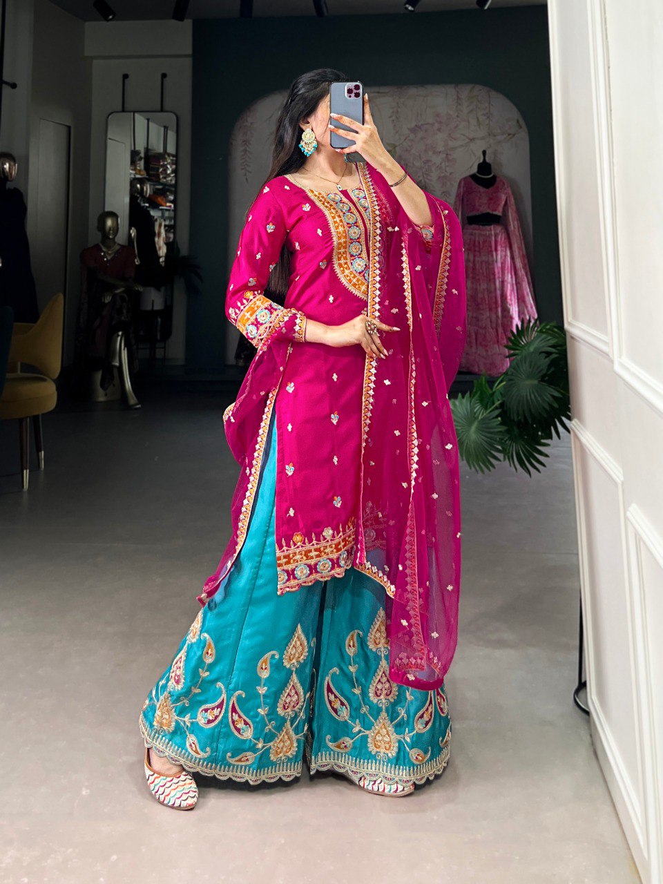 Anuttara pink embroidered silk kurti sharara set