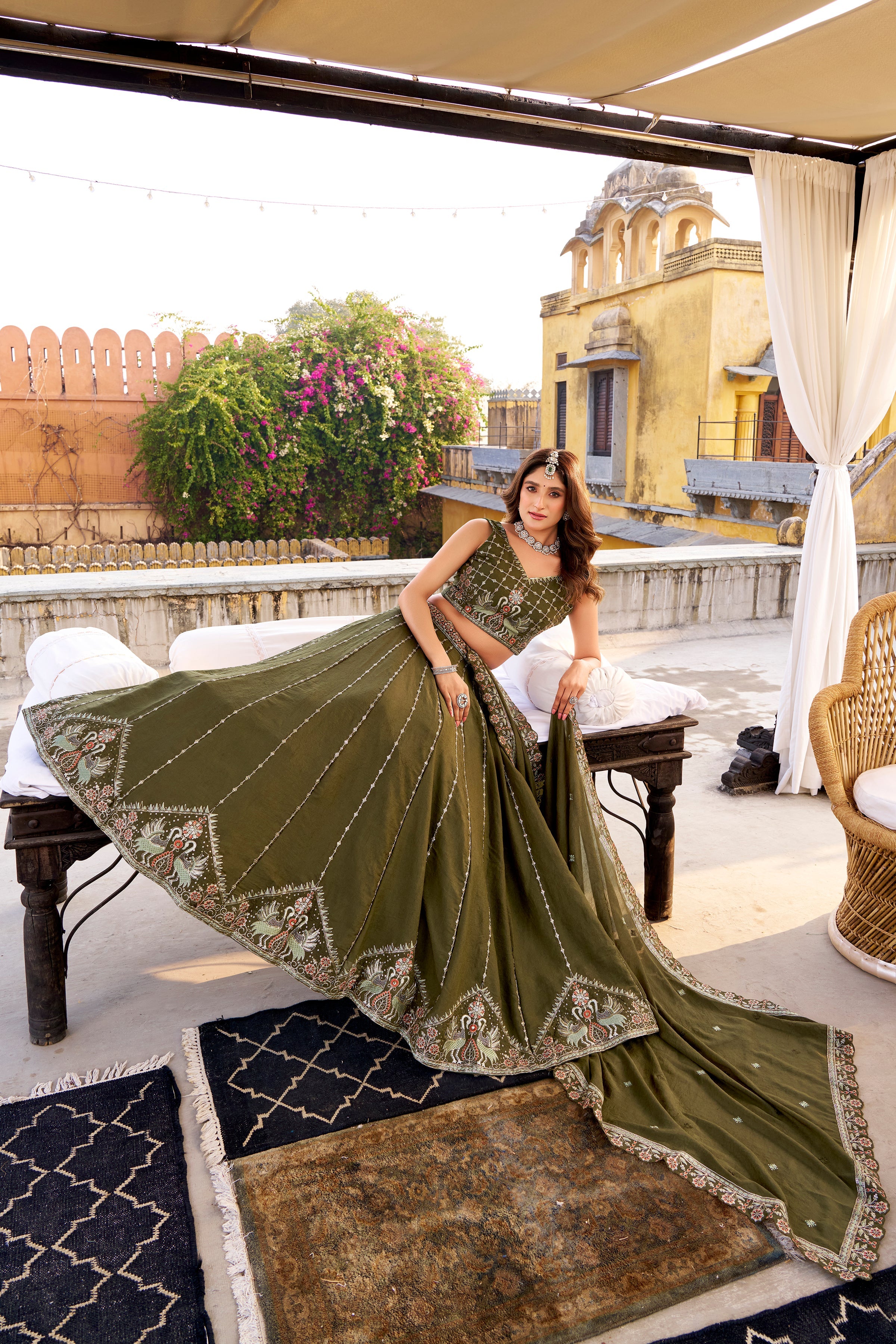 Zarakh olive green crush silk lehenga choli with sequins and thread embroidery work