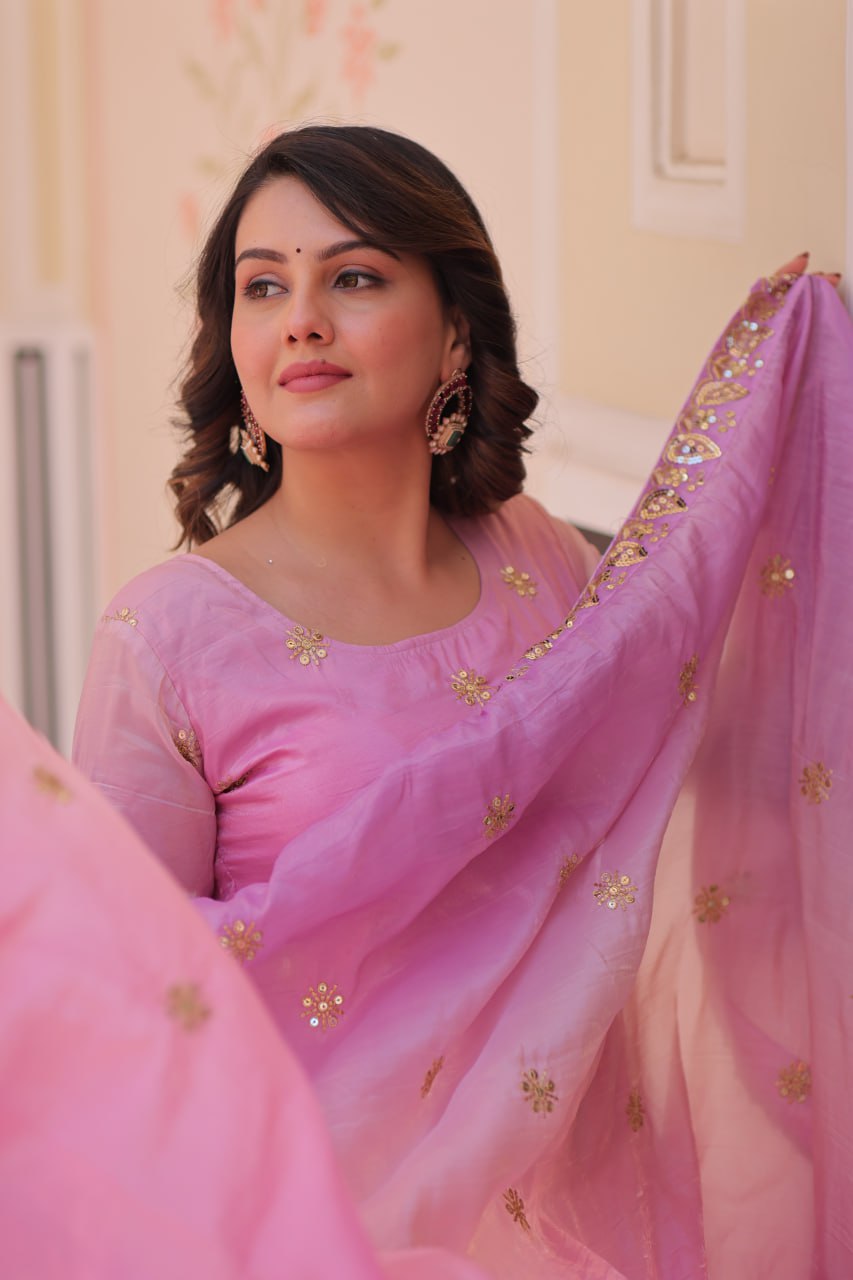Pink organza flair gown with sequins zari embroidery and dupatta