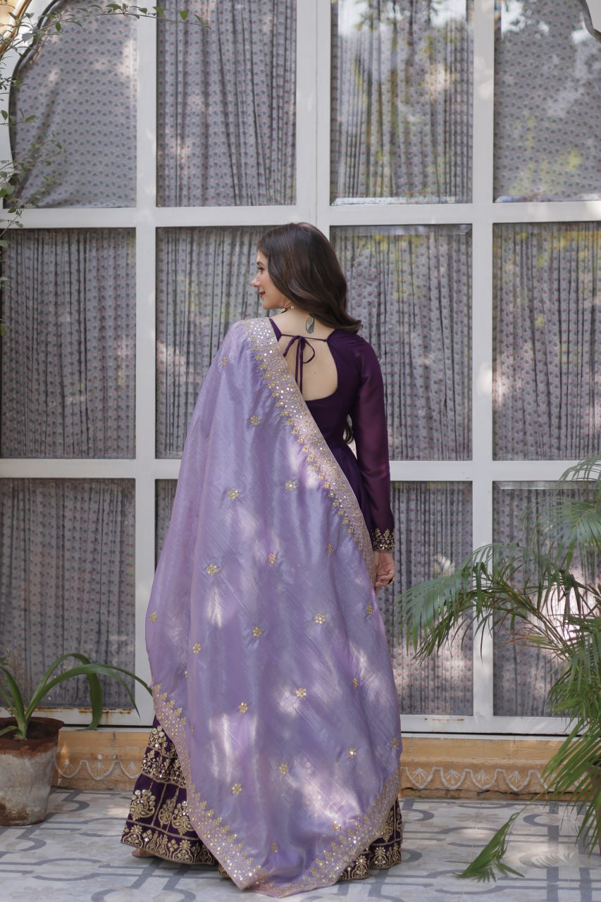 Purple star georgette embroidered zari sequins work gown with dupatta