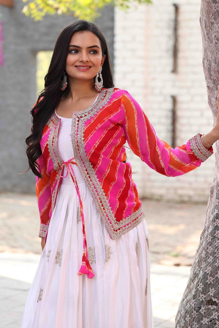 Eesha chinon sequence leheriya jacket and long gown set