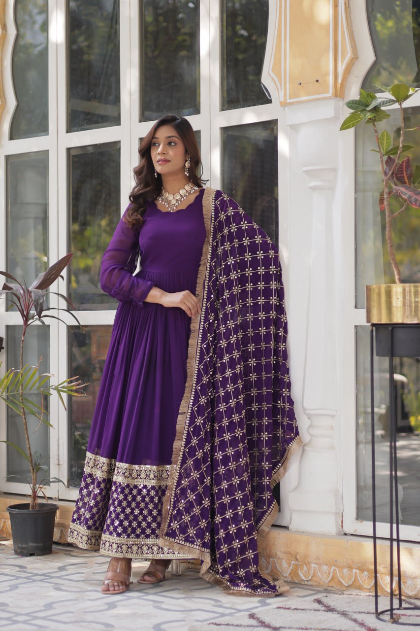 Avishka purple embroidered anarkali gown set