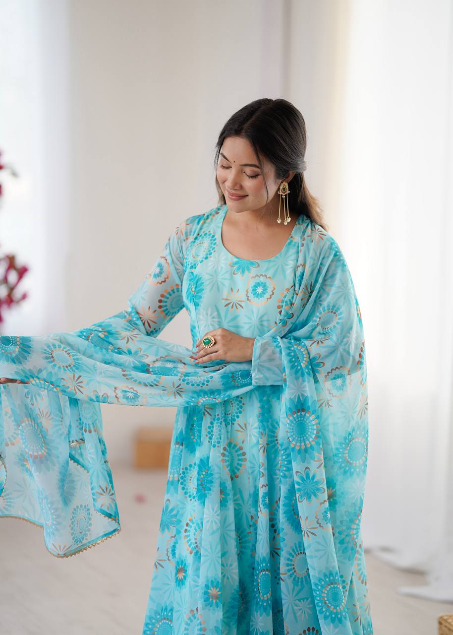 Sky blue georgette floral printed Anarkali suit for women