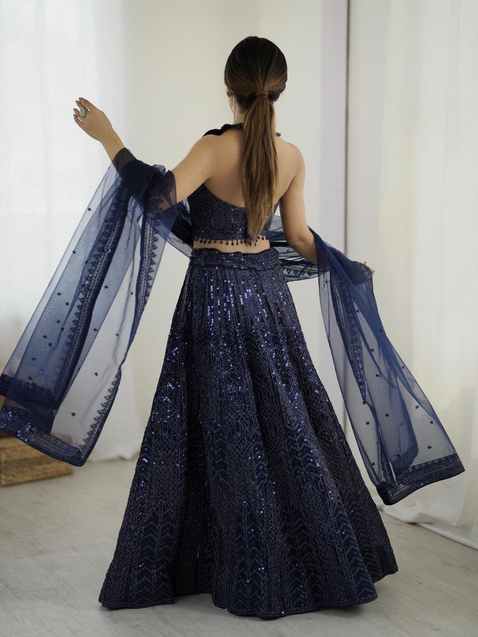 Navy blue georgette sequins and dori work lehenga choli with dupatta