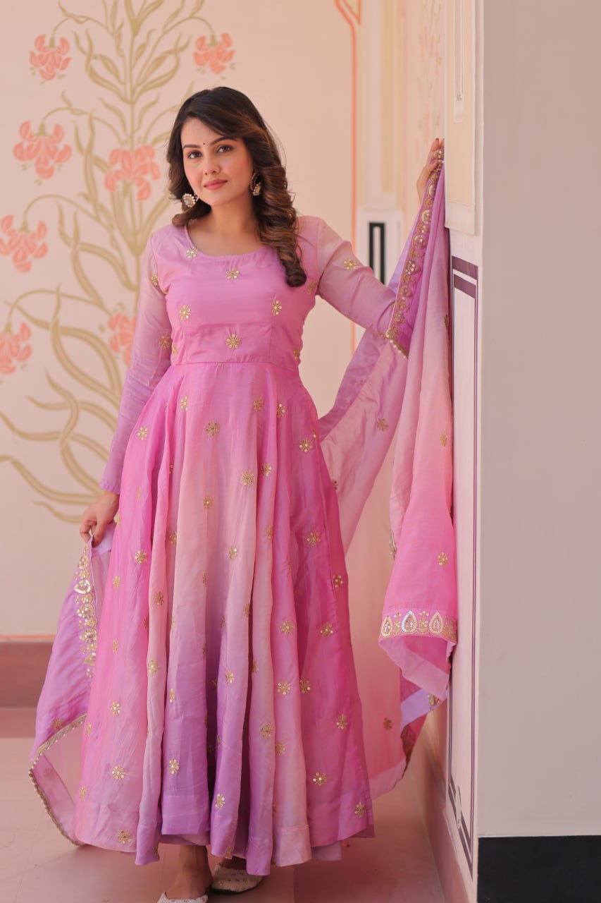 Pink organza flair gown with sequins zari embroidery and dupatta