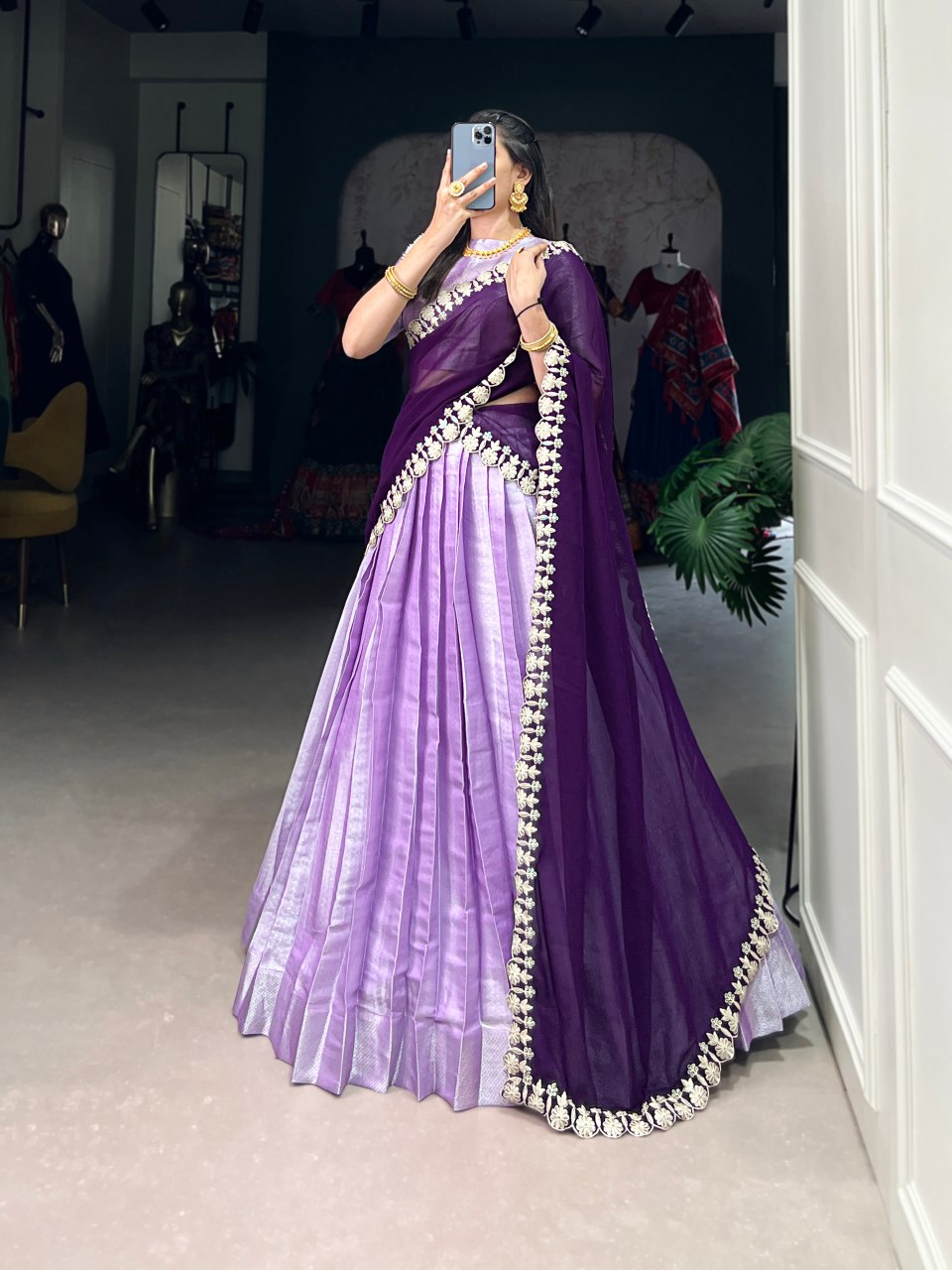 Lavender jacquard silk lehenga choli with embroidered dupatta