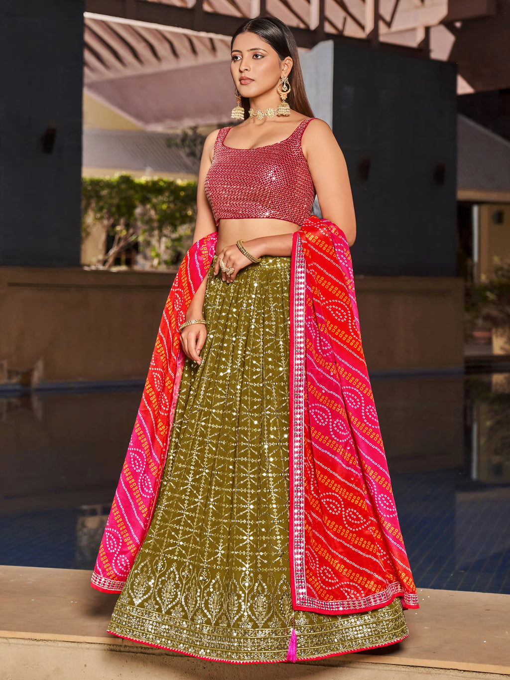 Navya olive green embroidered lehenga choli with Bandhani dupatta