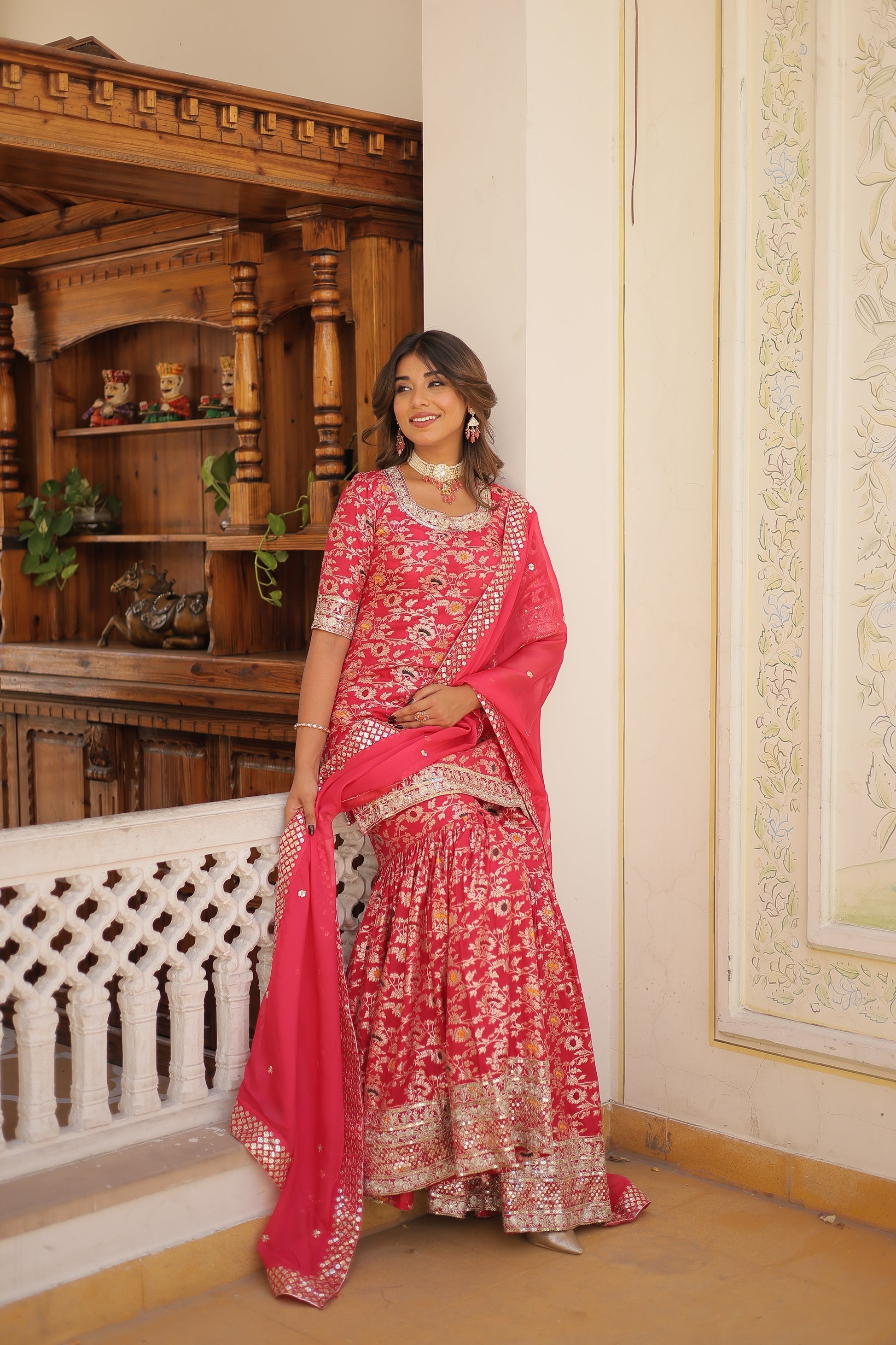 Krishnapriya rani pink viscose embroidered kurti gharara set