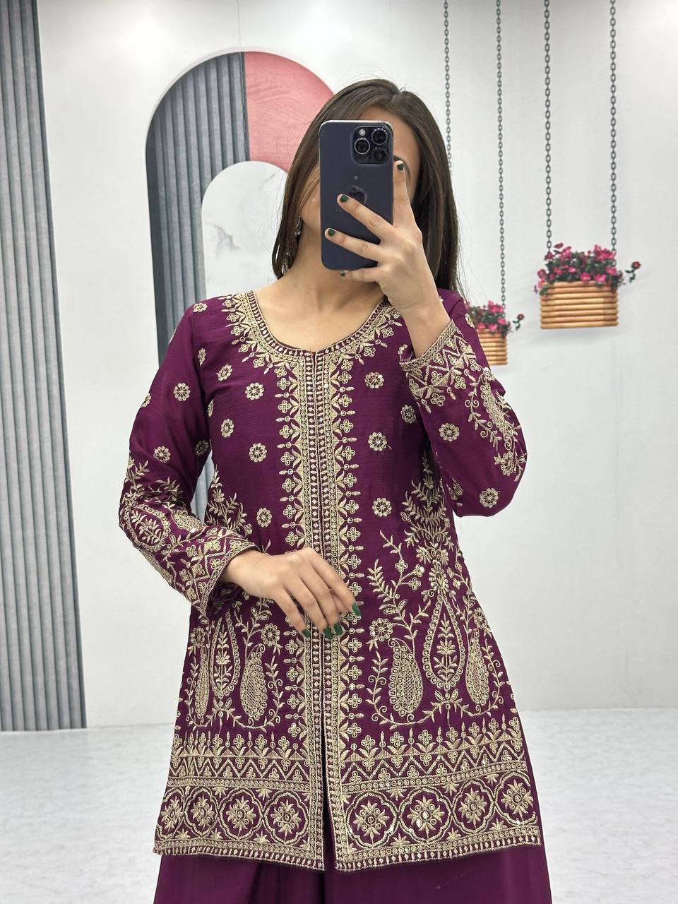 Enya purple Chinon kurti palazzo set with thread sequence embroidery work