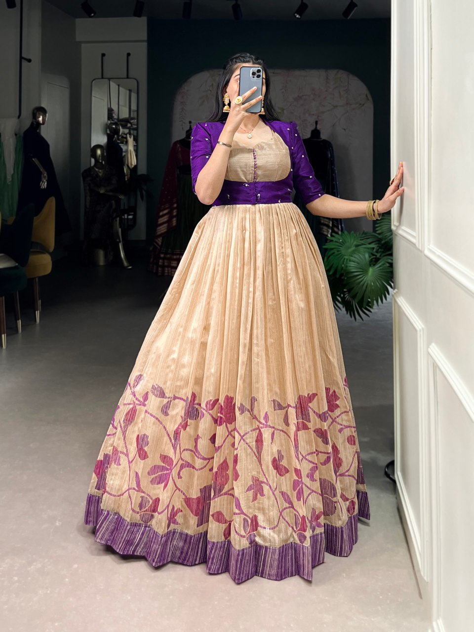 Beige silk printed gown with embroidered koti for wedding functions