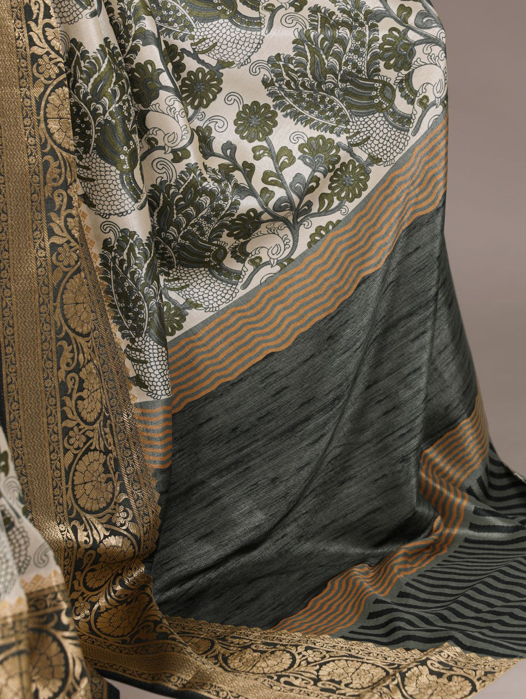 Green tasar silk printed saree with viscose border and blouse