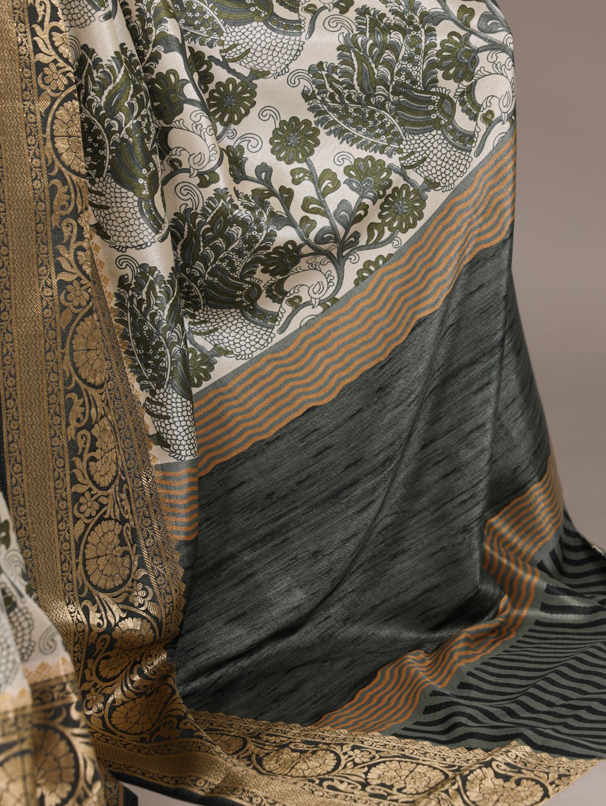 Green tasar silk printed saree with viscose border and blouse