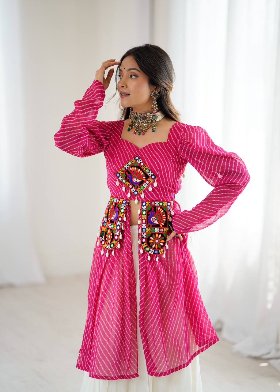 Pink georgette top with digital print and thread work butter silk Gota Patti lehenga