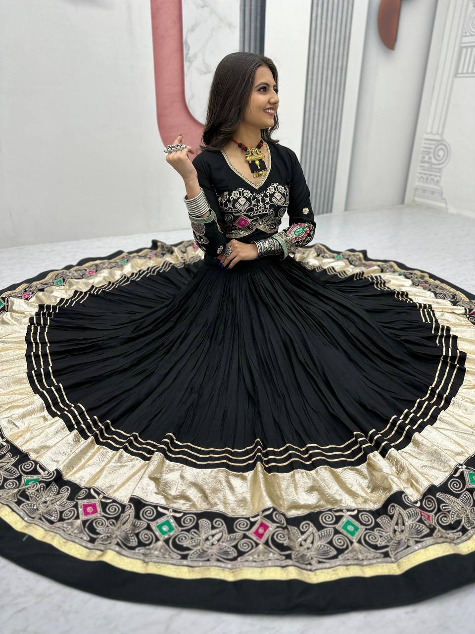 Black pure cotton embroidered sequins work lehenga choli