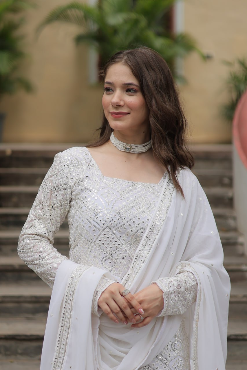 White georgette embroidered Lavya designer sharara suit