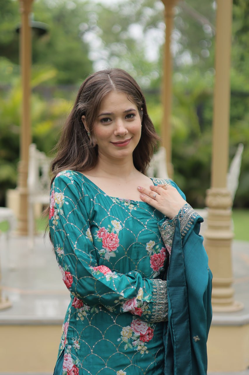 Teal chinon embroidered Medhasvi designer sharara suit