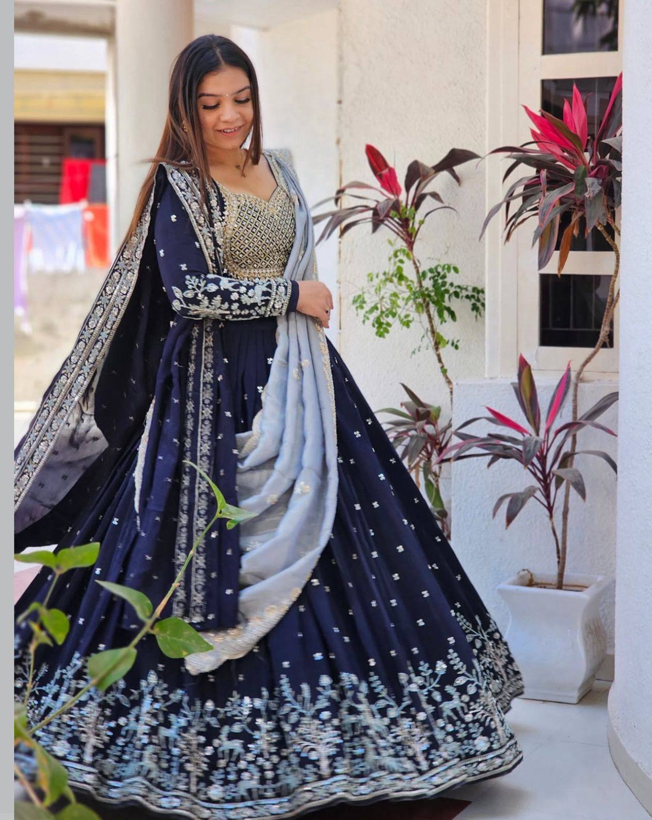 Navy Blue Fox Georgette Heavy Embroidered Designer Lehenga Choli with Dupatta