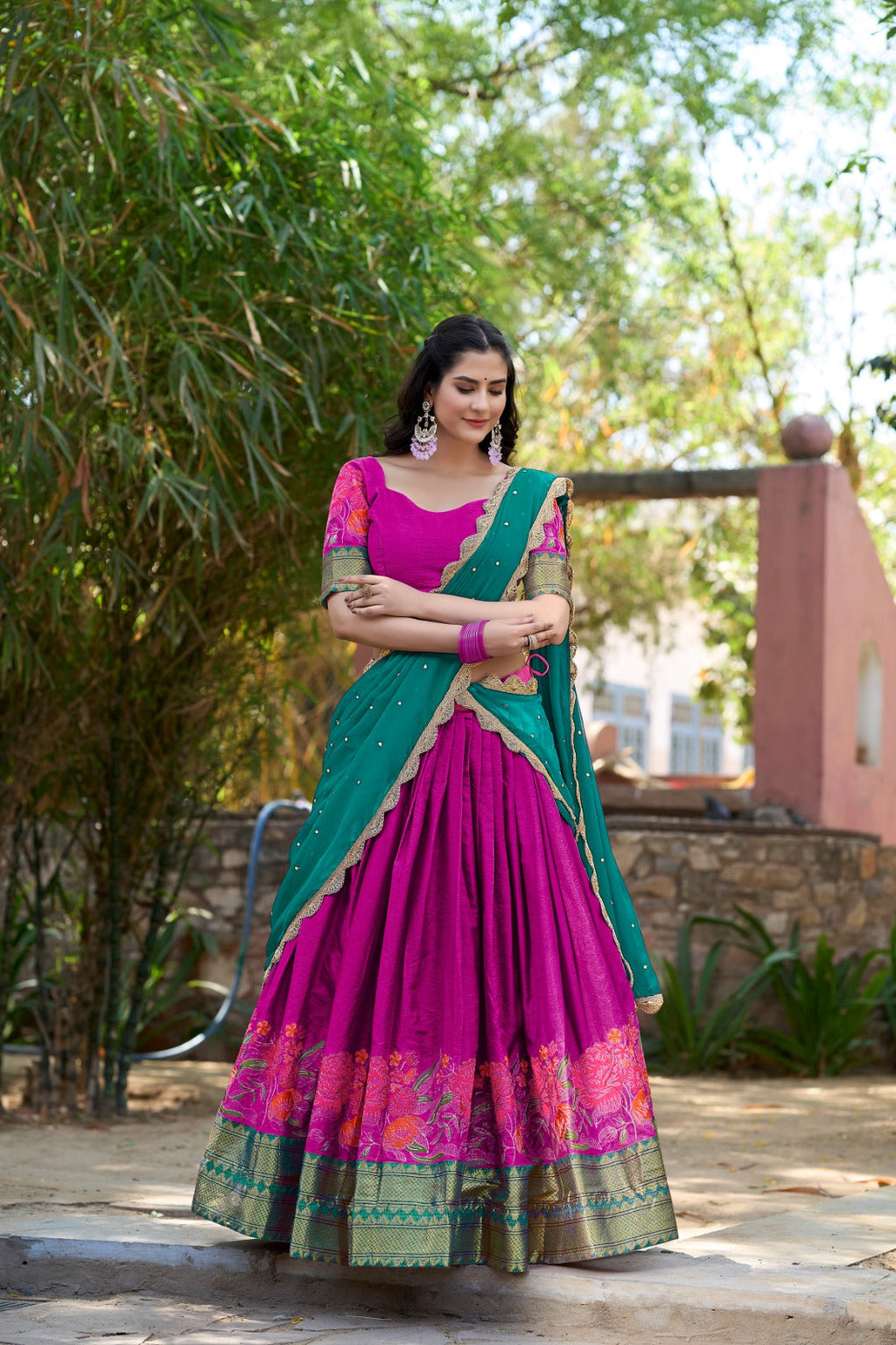 Pink cotton silk embroidered lehenga choli set with dupatta