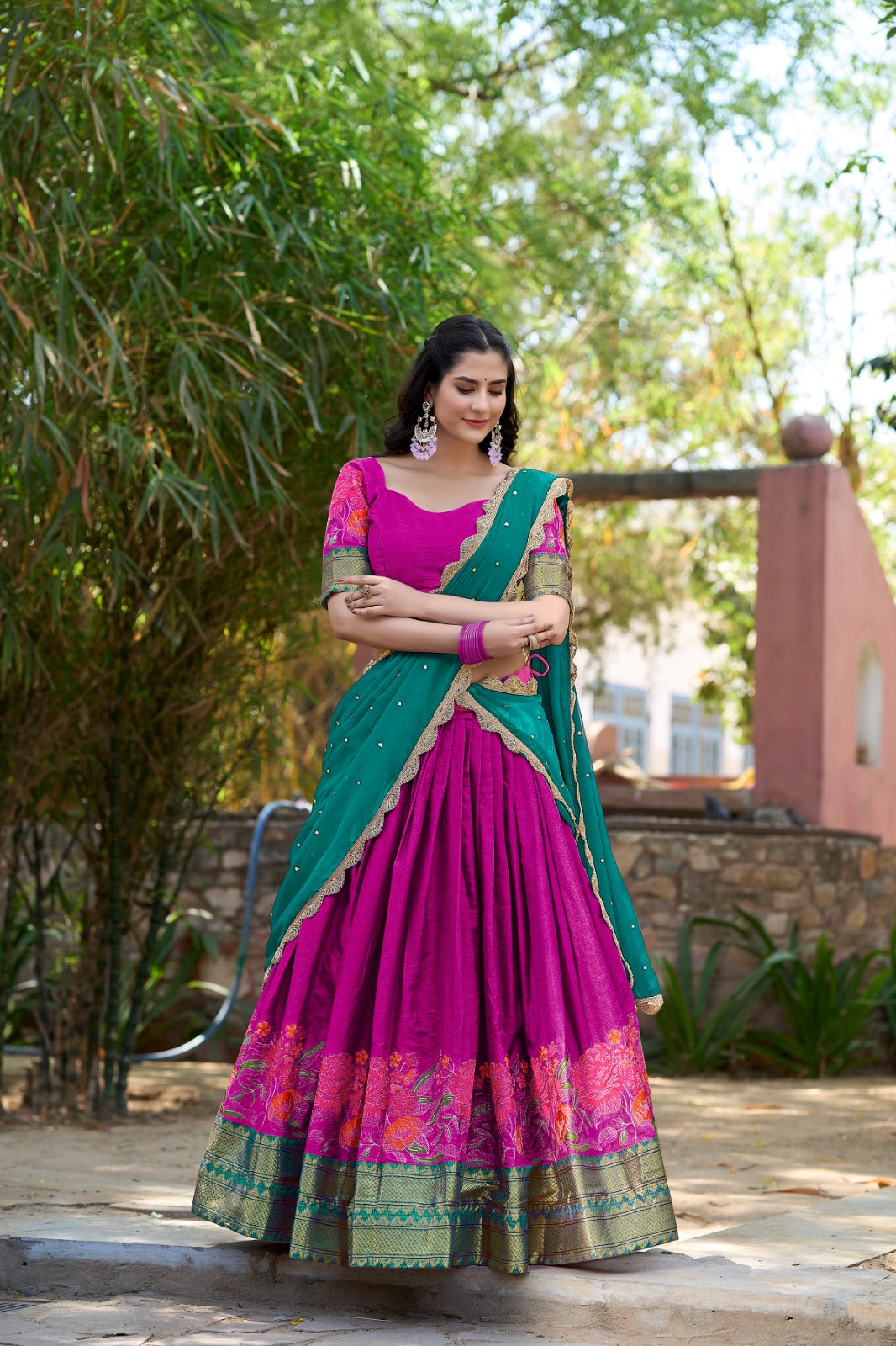 Pink cotton silk embroidered lehenga choli set with dupatta