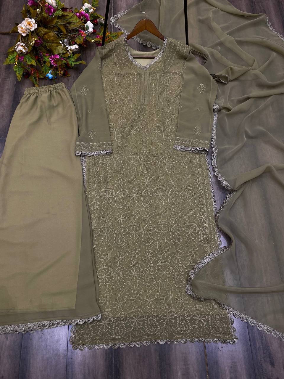 Ramani Peach Georgette Chikankari Embroidery Kurti Set