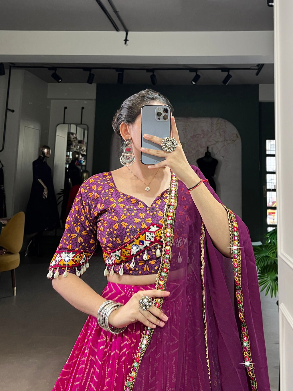 Pink Tasar silk foil print embossed lace work lehenga choli with dupatta