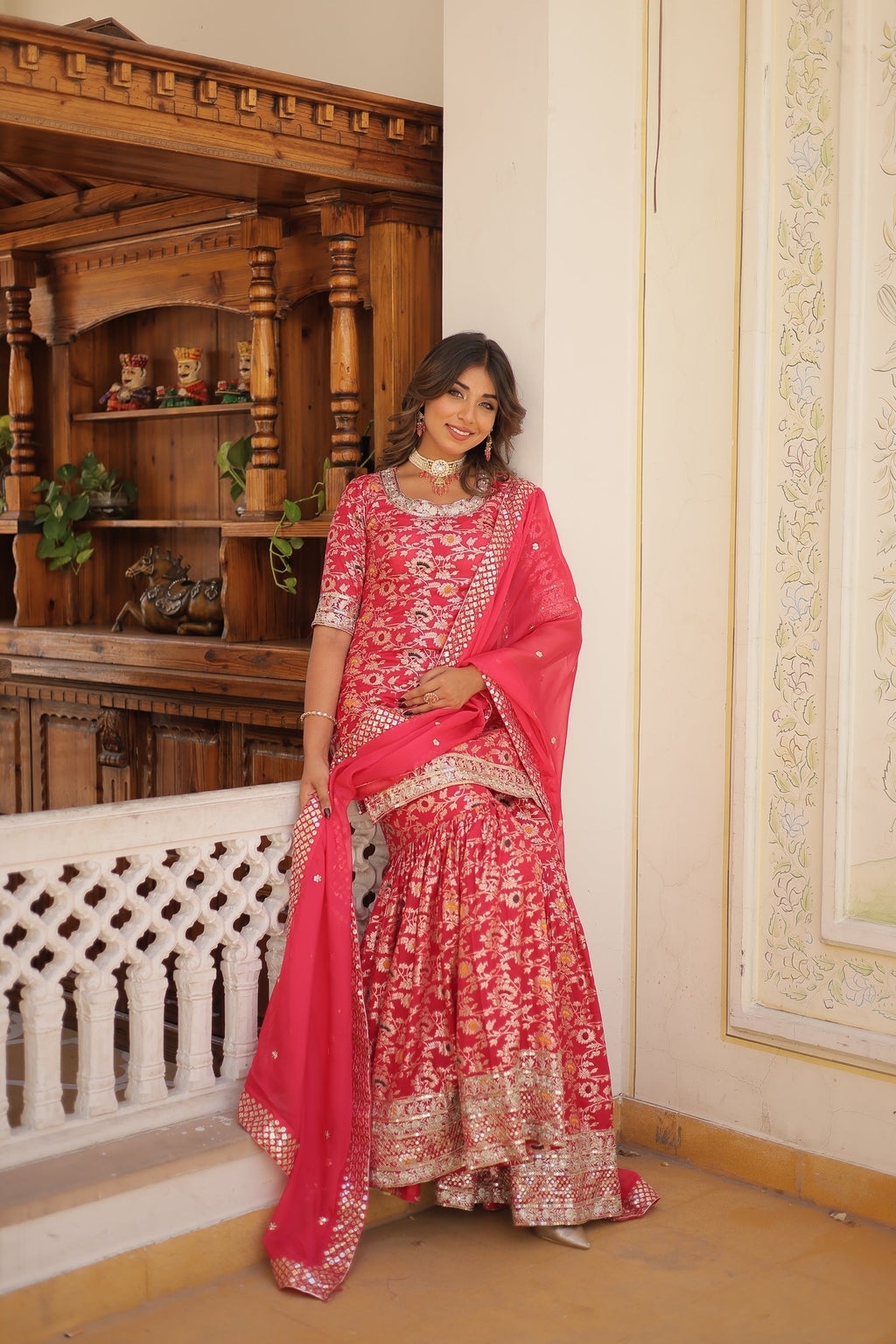 Krishnapriya rani pink viscose embroidered kurti gharara set