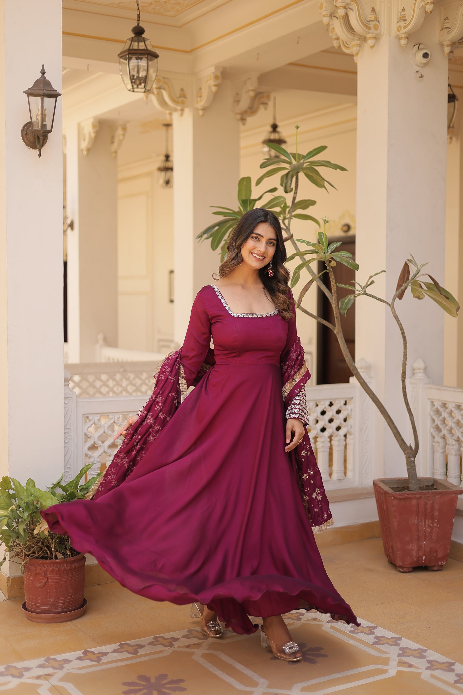 Magenta Vichitra silk Aparajita designer Anarkali gown