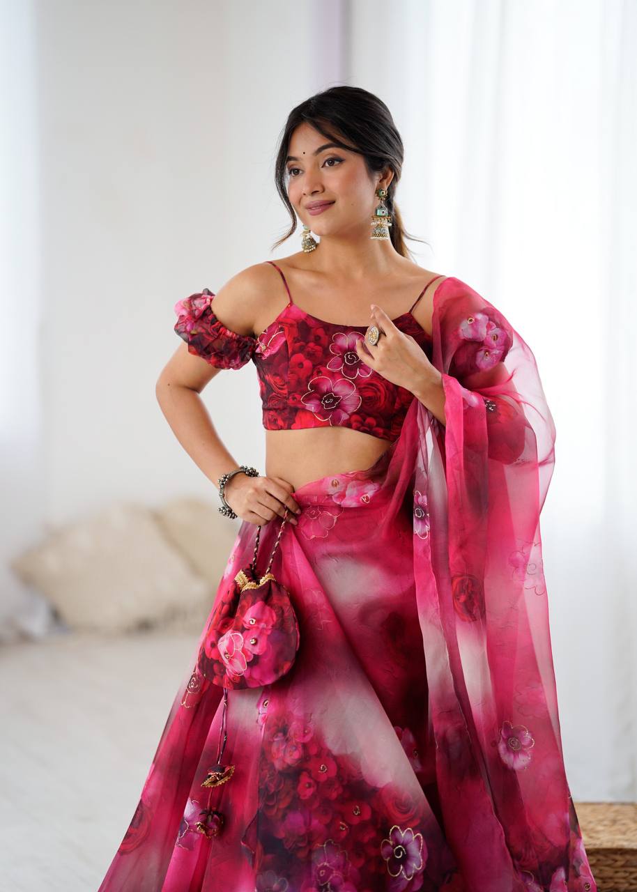 Red pure organza digital print zari work lehenga choli with batwa bag
