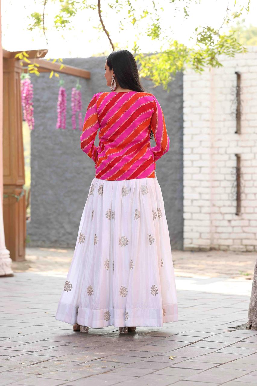 Eesha chinon sequence leheriya jacket and long gown set