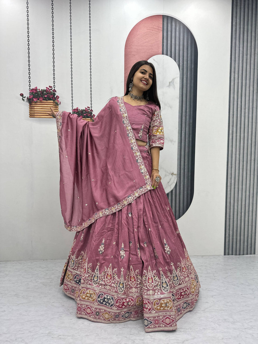 Raji mauve pink Vichitra silk lehenga choli with sequins thread embroidery and dupatta