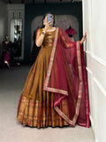 Rust brown cotton Anarkali gown with dupatta, Zari woven ethnic dress, stitched festive gown for women, lightweight party wear, Trinaari premium wear.