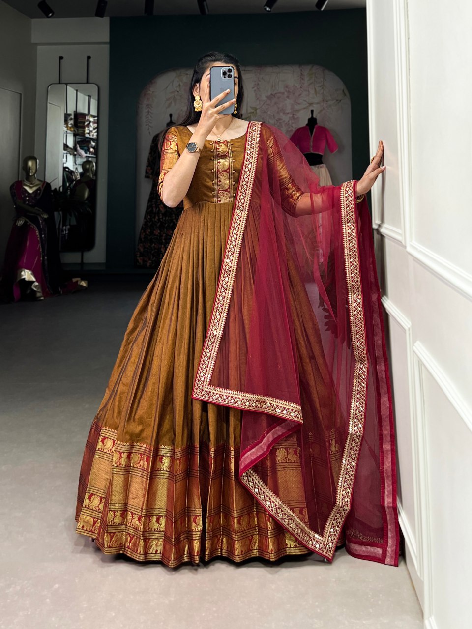 Rust brown cotton Anarkali gown with dupatta, Zari woven ethnic dress, stitched festive gown for women, lightweight party wear, Trinaari premium wear.