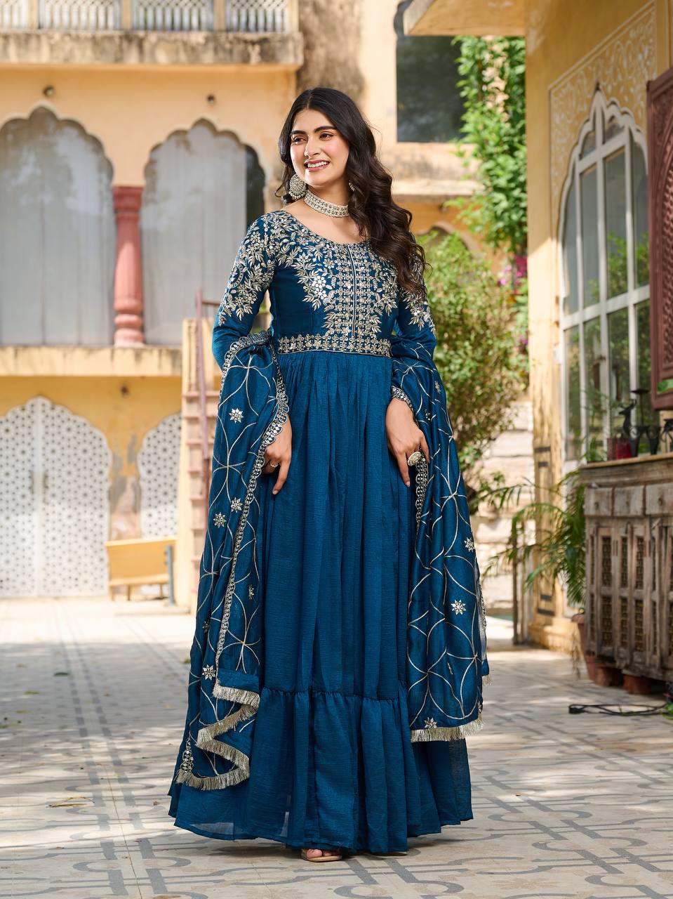Piya teal blue Vichitra silk gown with sequins embroidery and dupatta