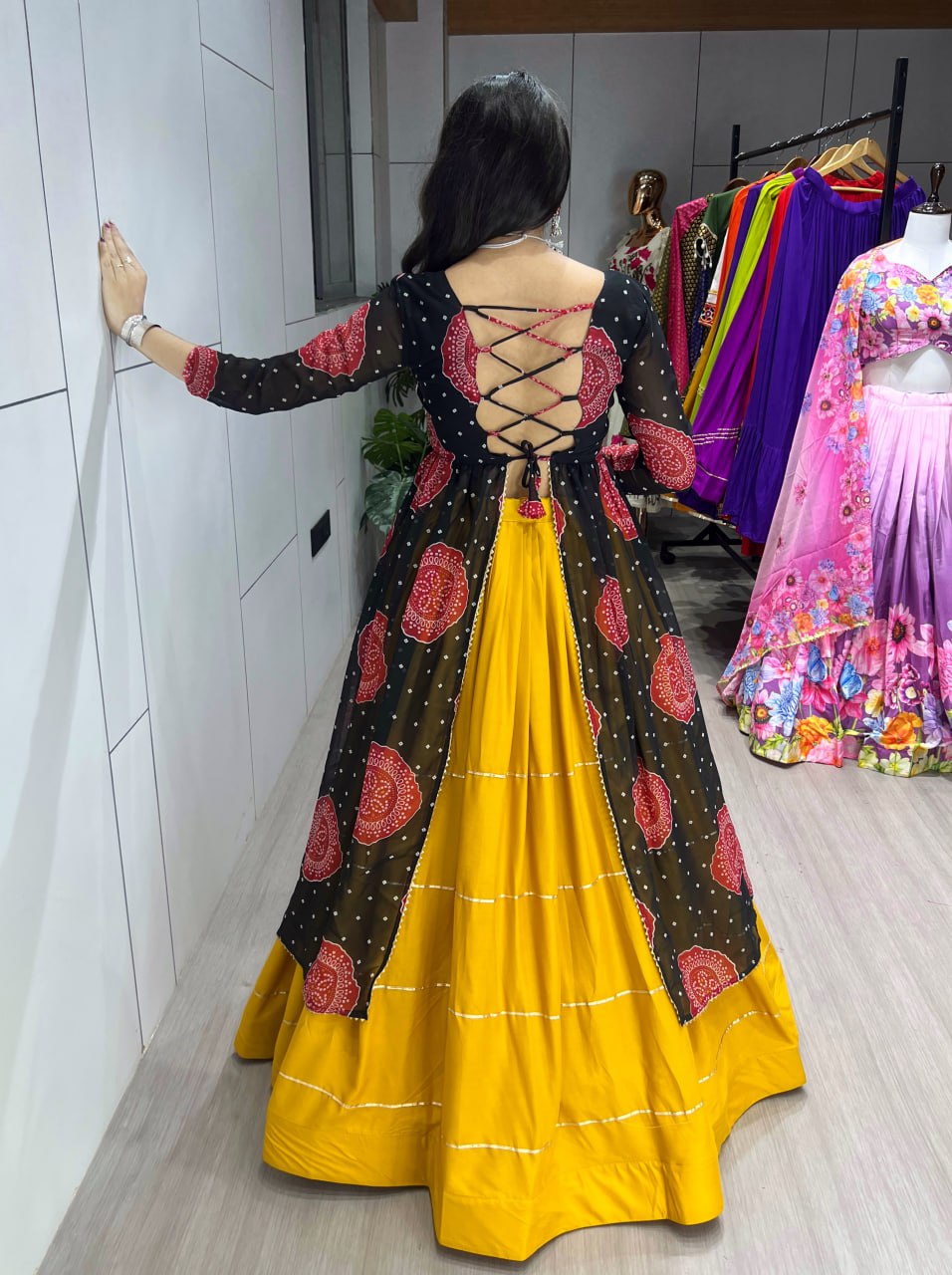 Mustard yellow rayon Bandhani print Gota Patti work faux georgette kurti lehenga